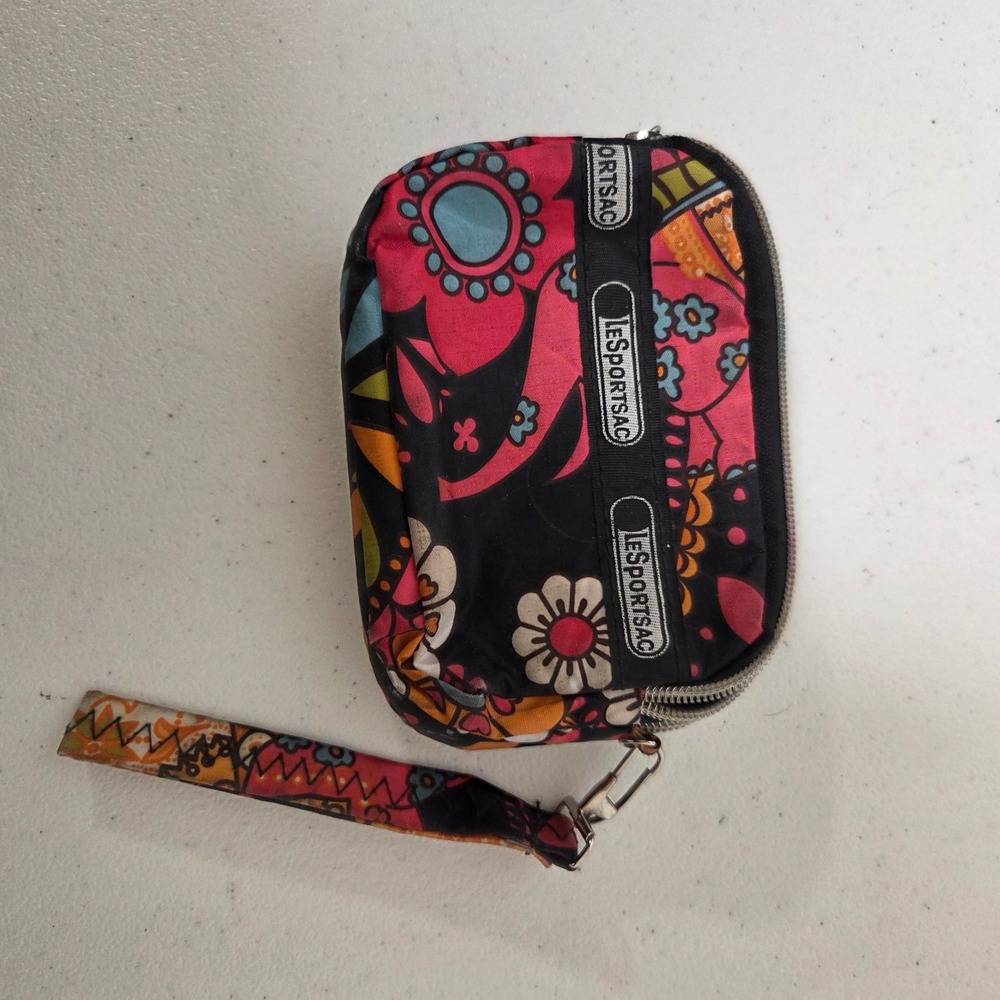 LeSportsac Floral Paisley Triple Zip Cosmetic Bag Wristlet Multicolor Nylon